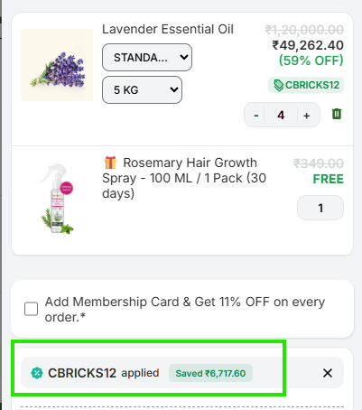 Coupon verification screenshot on VedaOils