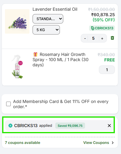 Coupon verification screenshot on VedaOils