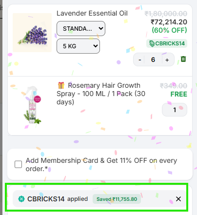 Coupon verification screenshot on VedaOils