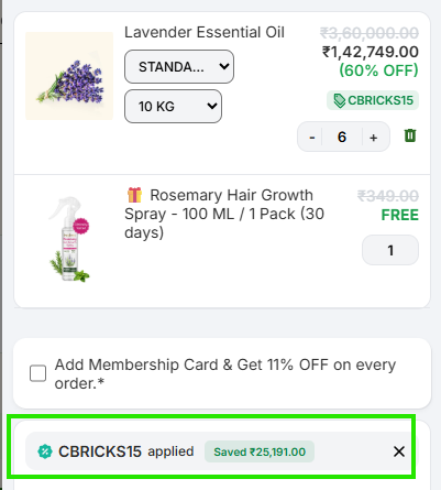 Coupon verification screenshot on VedaOils
