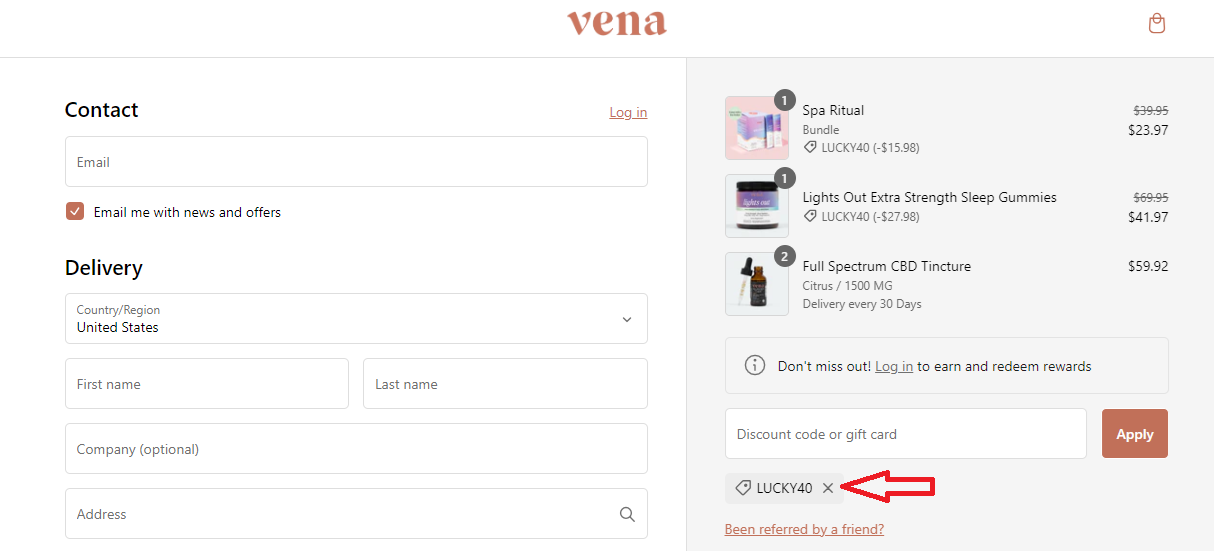 Coupon verification screenshot on Vena CBD