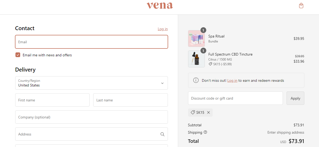 Coupon verification screenshot on Vena CBD