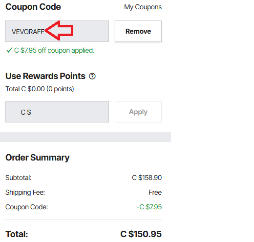 Coupon verification screenshot on Vevor
