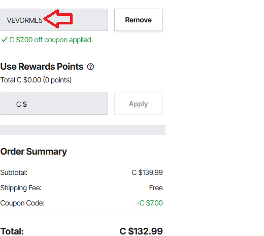 Screenshot of tested coupon for Vevor