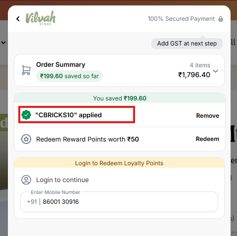 Coupon verification screenshot on Vilvah