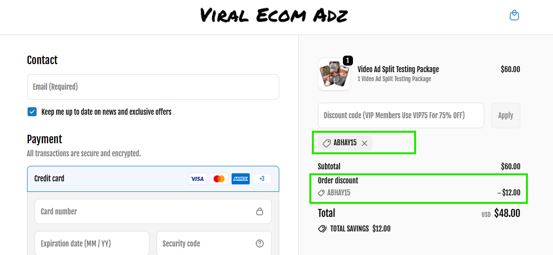 Coupon verification screenshot on Viral Ecom ADZ