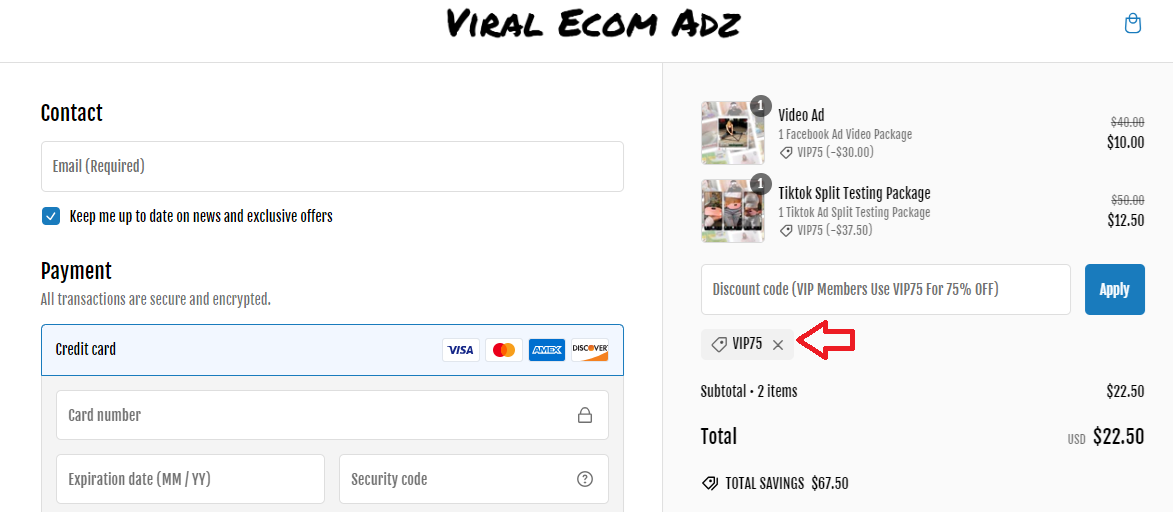 Coupon verification screenshot on Viral Ecom ADZ