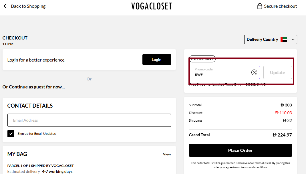 Screenshot of tested coupon for VogaCloset