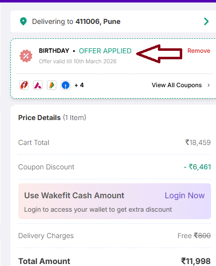 Coupon verification screenshot on Wakefit