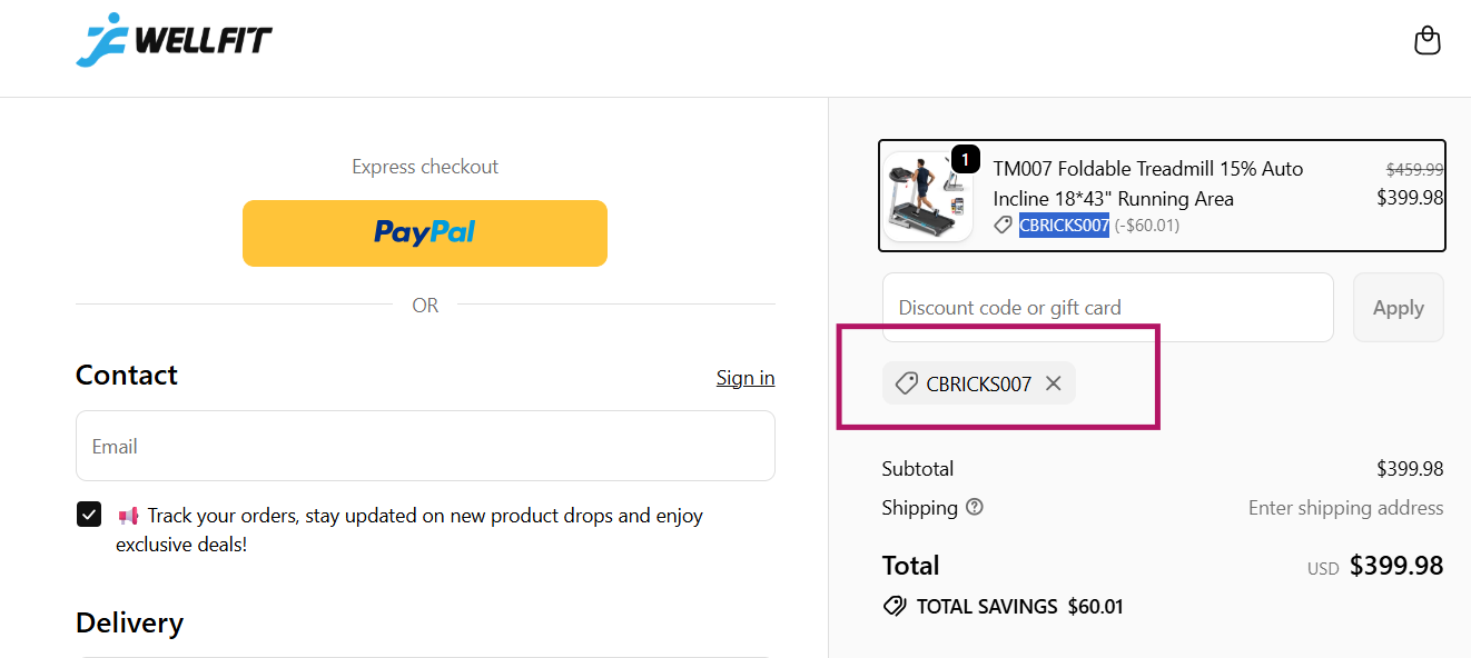 Coupon verification screenshot on WellFit Treadmill