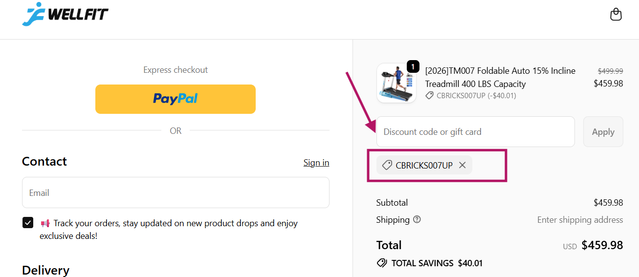 Coupon verification screenshot on WellFit Treadmill