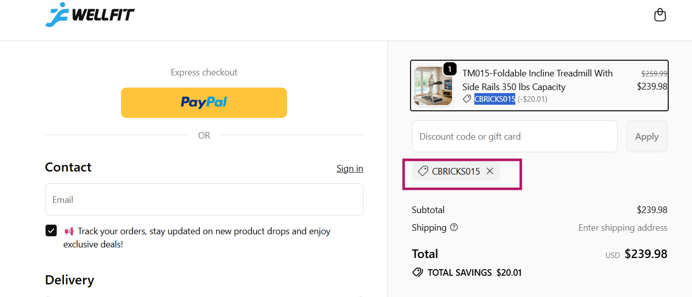 Coupon verification screenshot on WellFit Treadmill