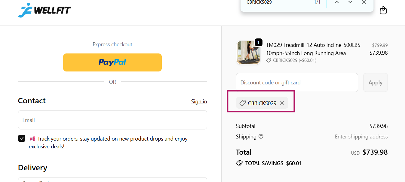 Coupon verification screenshot on WellFit Treadmill