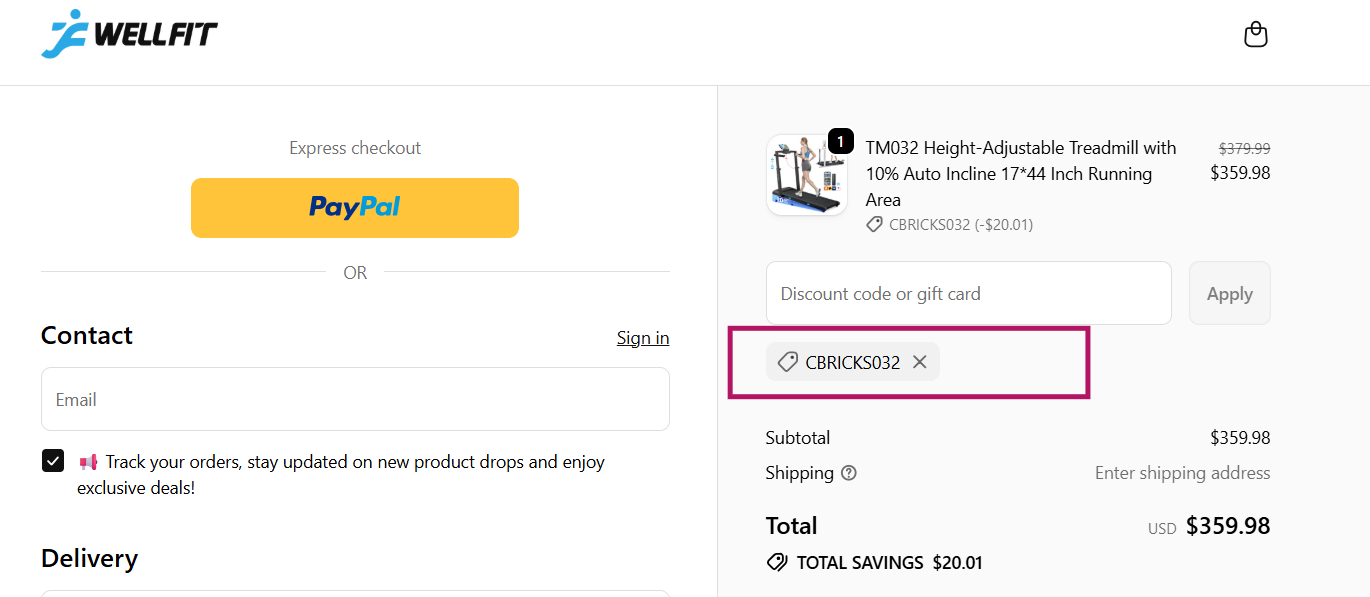 Screenshot of tested coupon for WellFit Treadmill