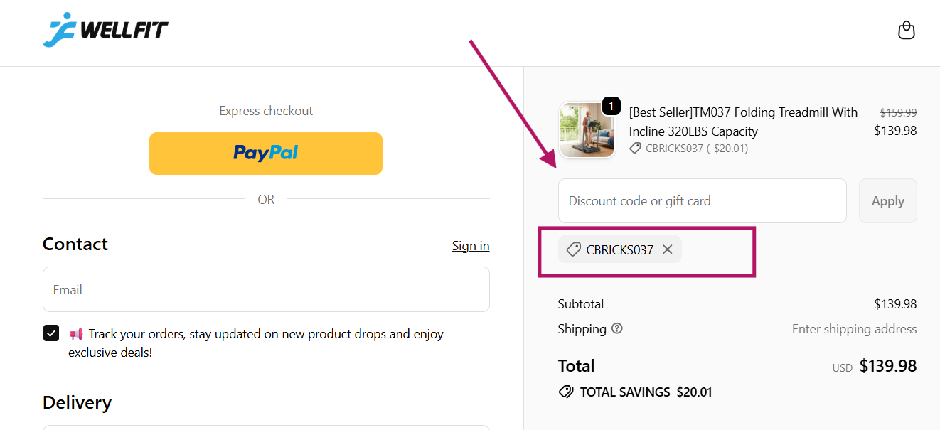 Screenshot of tested coupon for WellFit Treadmill