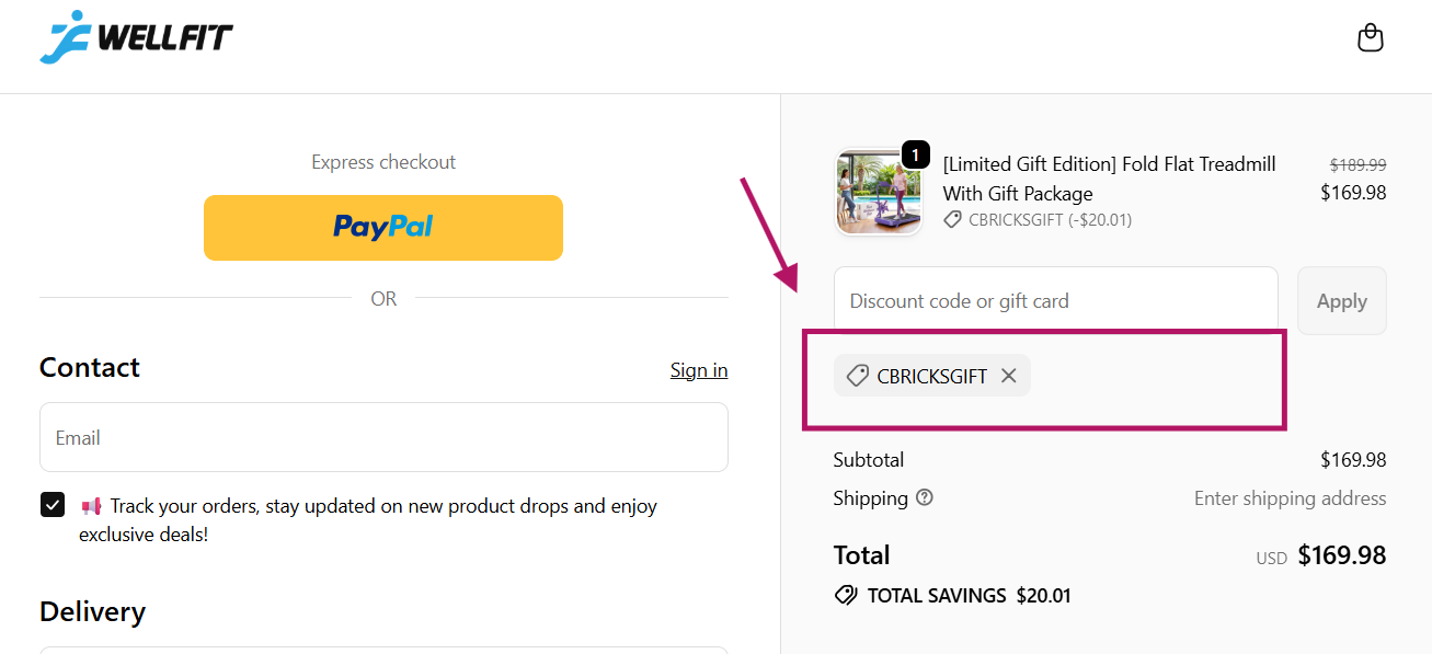 Coupon verification screenshot on WellFit Treadmill