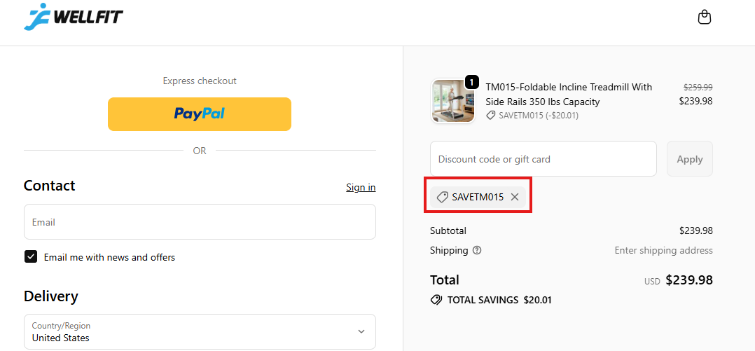 Screenshot of tested coupon for WellFit Treadmill
