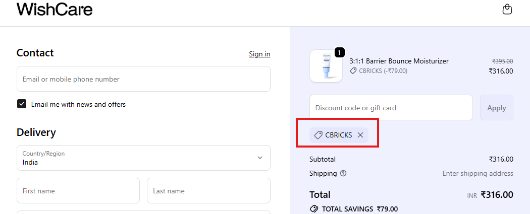Coupon verification screenshot on Wishcare