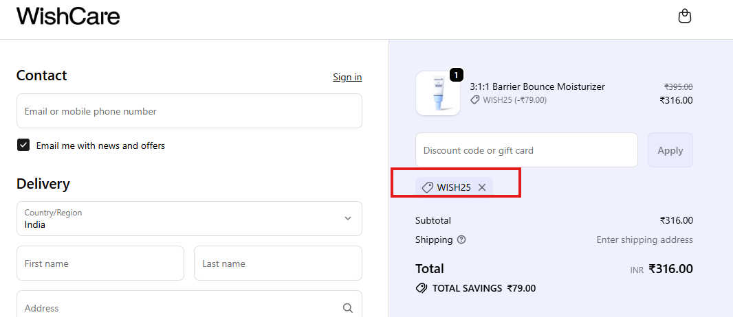 Coupon verification screenshot on Wishcare