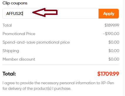 Screenshot of tested coupon for XP PEN