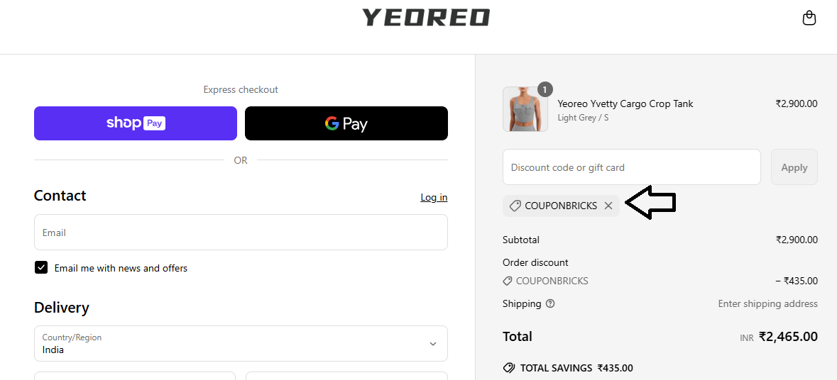 Screenshot of tested coupon for Yeoreo