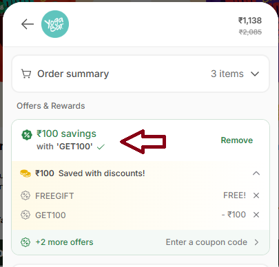 Coupon verification screenshot on Yogabars