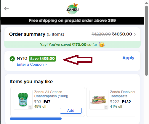 Coupon verification screenshot on Zanducare