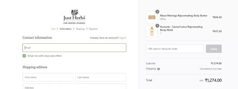 Just Herbs-checkout page