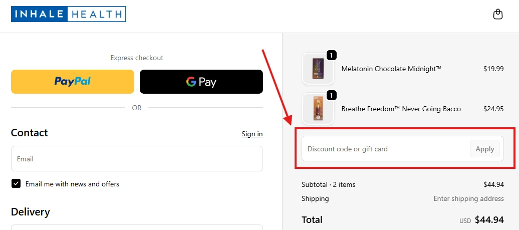 Where to enter Inhale Health discount code