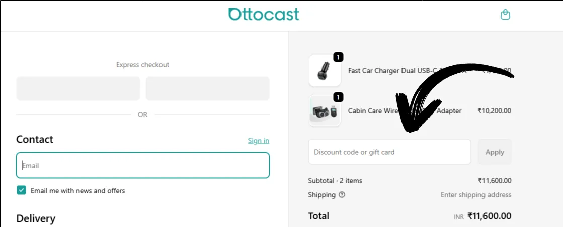 Where to enter discount code at Ottocast checkout