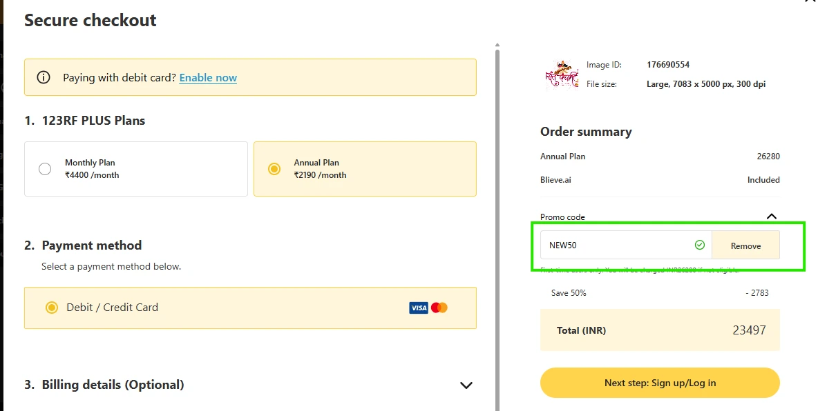 Where to enter promo code at 123RF checkout