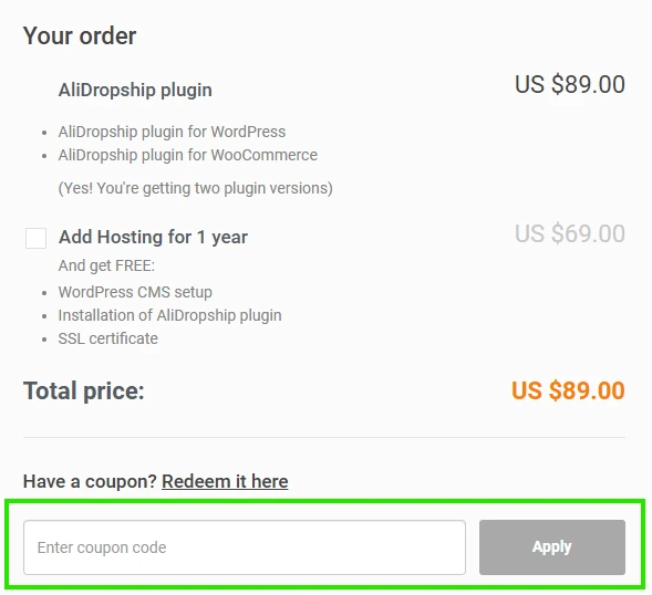 alidropship coupon code box