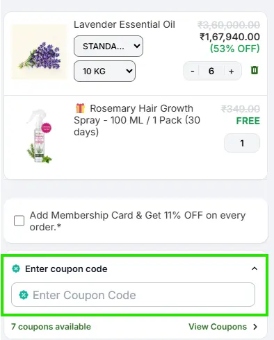 Applying coupon code on VedaOils checkout page