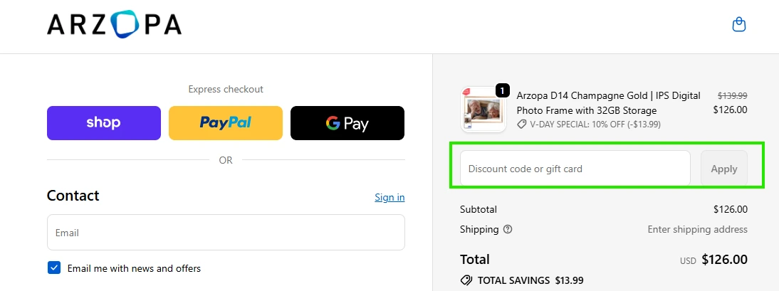 Where to enter promo code at Arzopa checkout