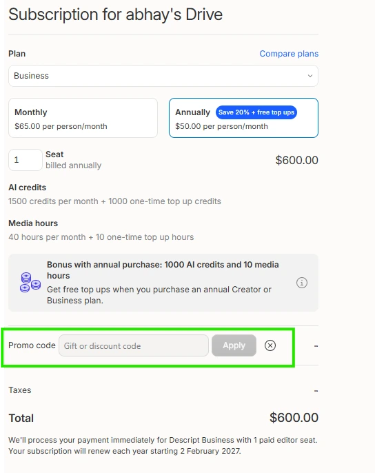 Where to enter promo code at Descript checkout
