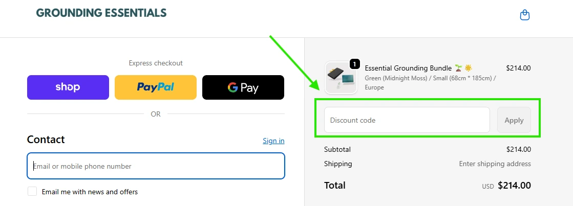 Where to enter discount code at Grounding Essentials checkout