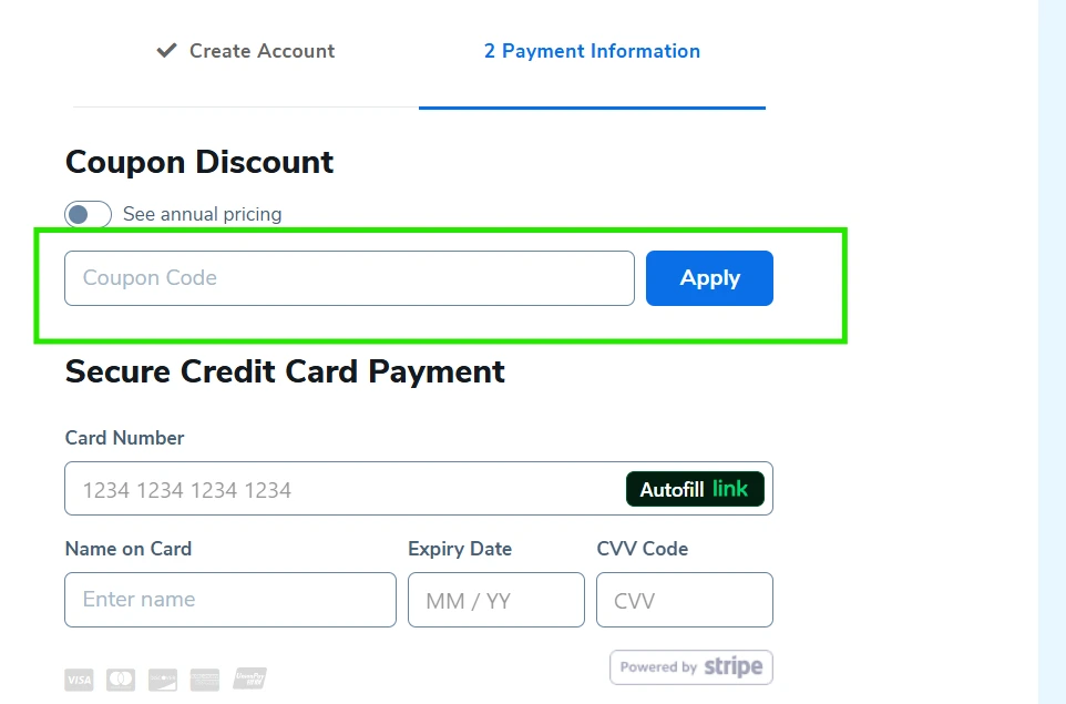 Discount code field showing on Helium 10 checkout page after login
