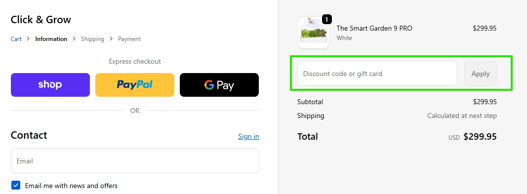 Applying a discount code at Click & Grow checkout