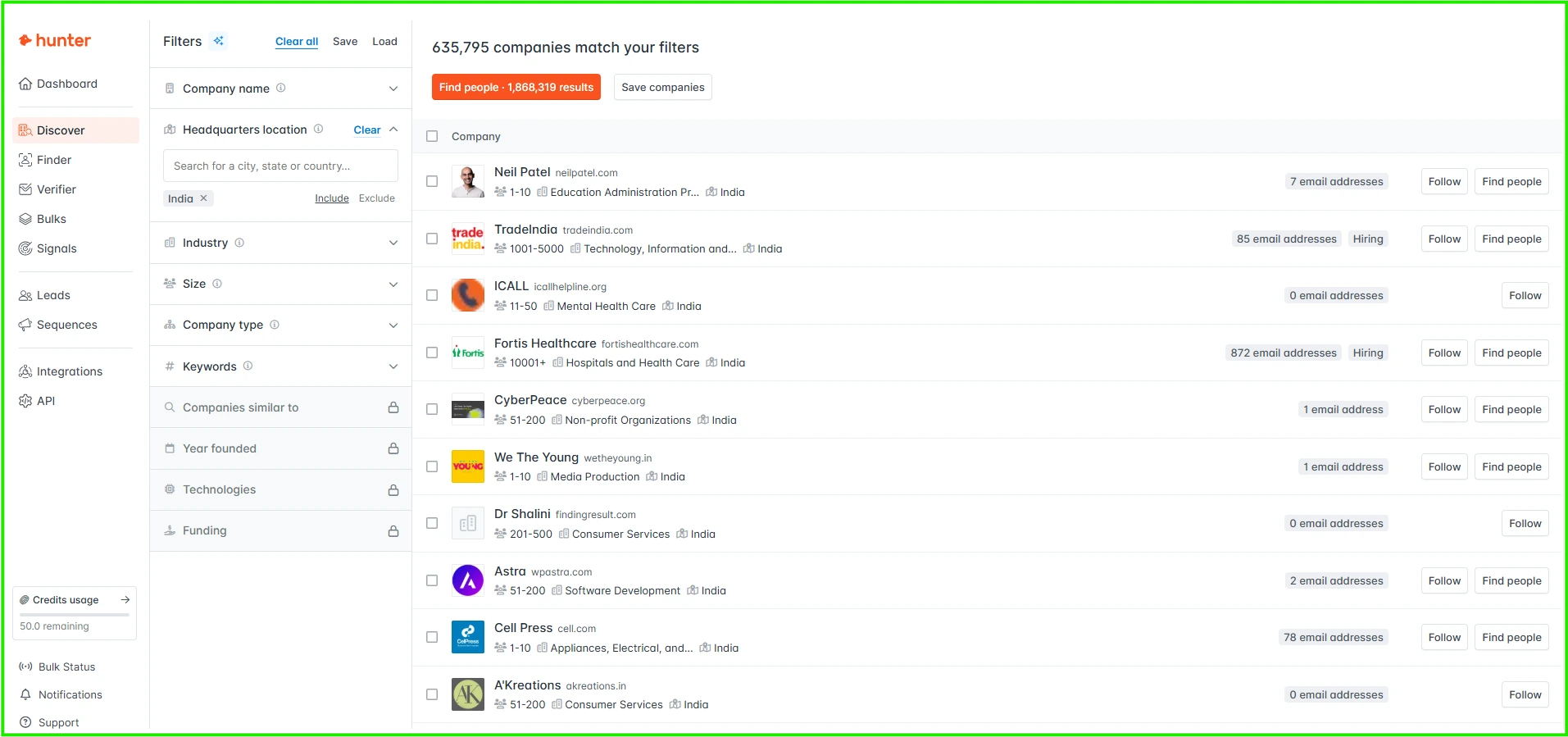 hunter.io dashboard