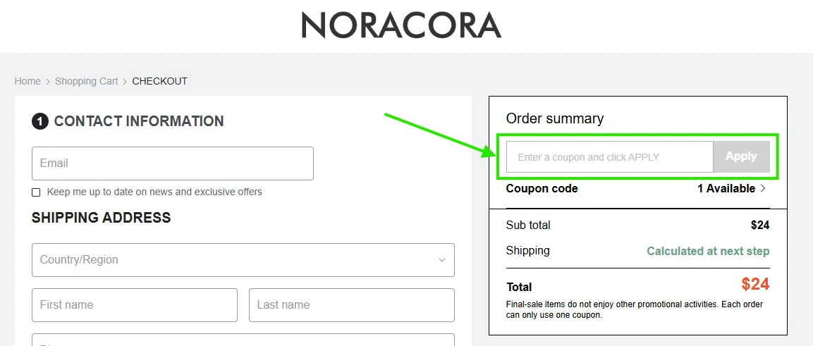 Where to enter promo code at Noracora checkout