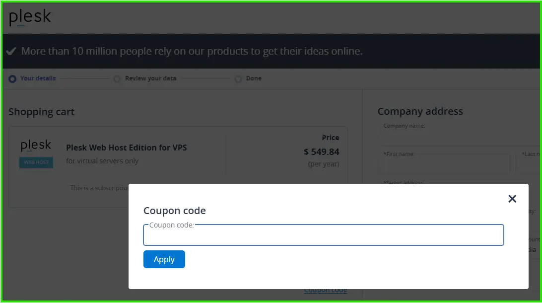 Coupon code link displayed under the total amount on the Plesk cart page