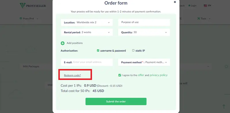 Where to enter promo code at Proxy-Seller checkout