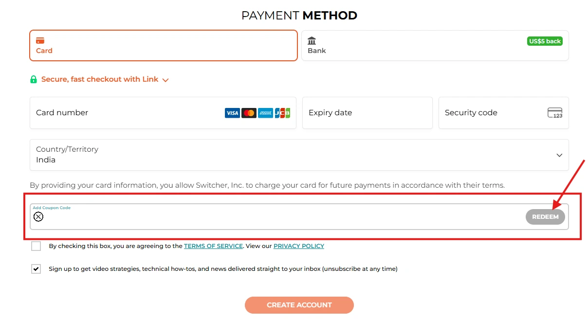 switcherstudio coupon code field