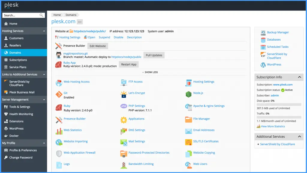 Screenshot of the Plesk dashboard interface