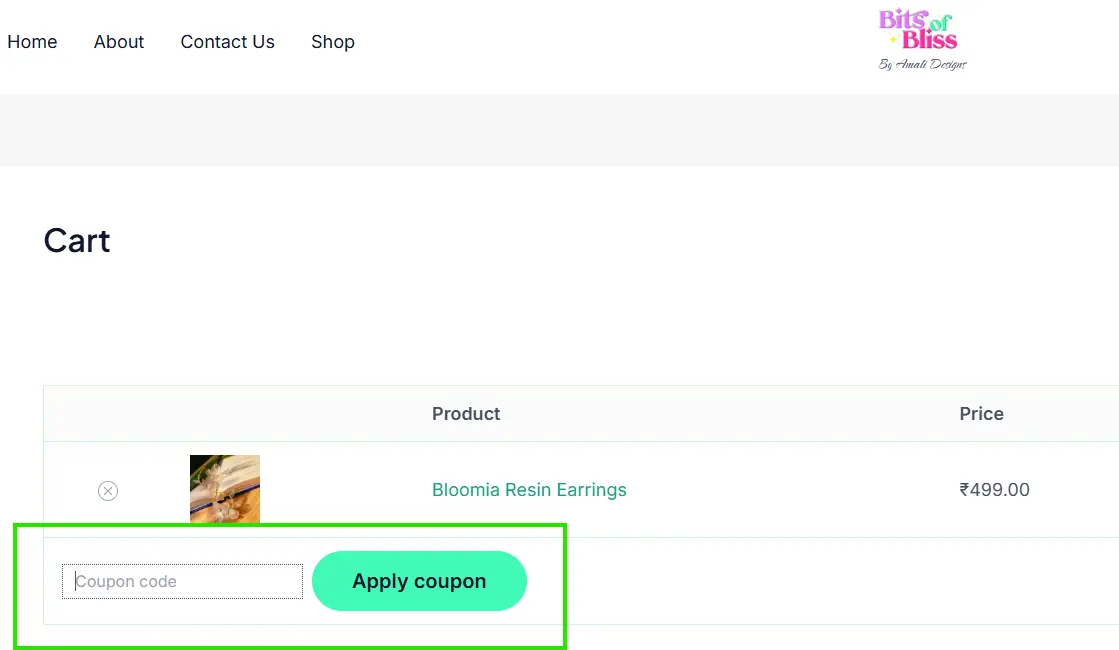 Coupon box shown on the BitsofBliss checkout page