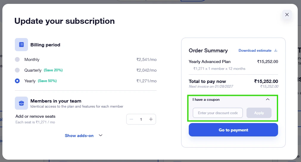 Where to enter promo code at Waalaxy checkout
