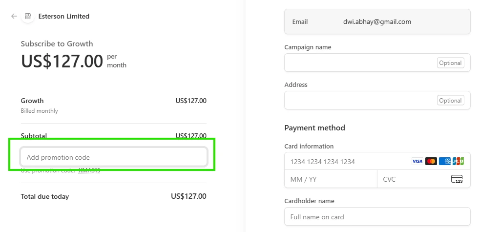 Where to enter promo code at CloselyHQ checkout