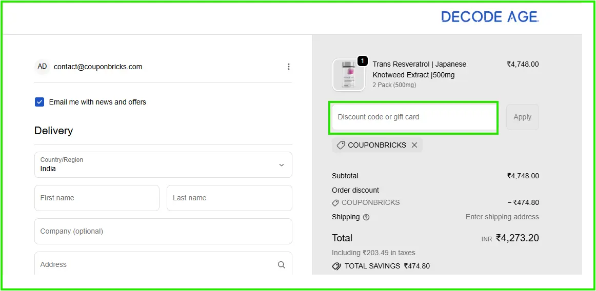 Where to enter the Decode Age coupon code on the checkout page