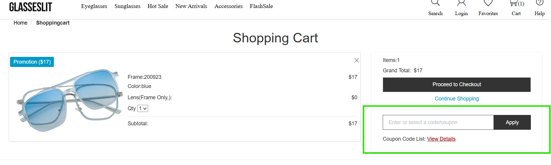 Where to enter promo code at GlassesLit checkout