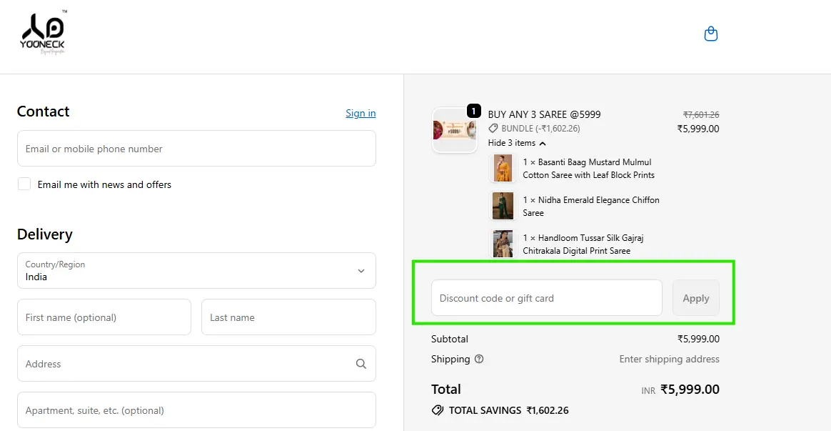 Coupon code box on the Yooneck checkout page